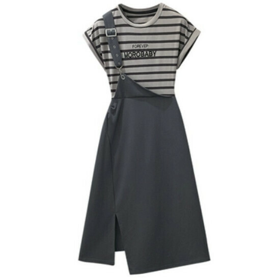 Hot selling fake two-piece striped dress [grey] [size L-4XL] (please contact customer service to confirm the delivery size after placing the order)