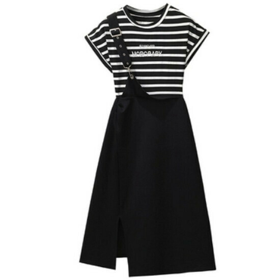 Hot selling fake two-piece striped dress [black] [L-4XL size] (please contact customer service to confirm the delivery size after placing the order)