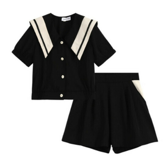 Hot selling contrasting color short sleeves + shorts suit [black] [L-4XL size] (please contact customer service to confirm the delivery size after placing the order)
