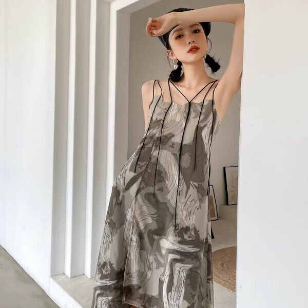 Hot selling multi-strap dress (gray bottom print) (S/M size) (contact customer service after placing the order to confirm the delivery size)
