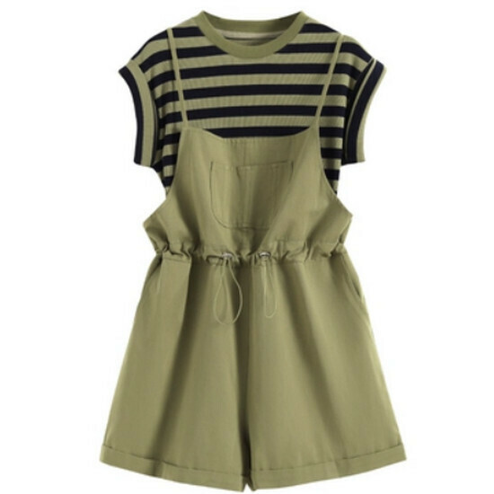 Hot selling striped short-sleeved + overalls suit [green] [M-2XL size] (please contact customer service to confirm the delivery size after placing the order)
