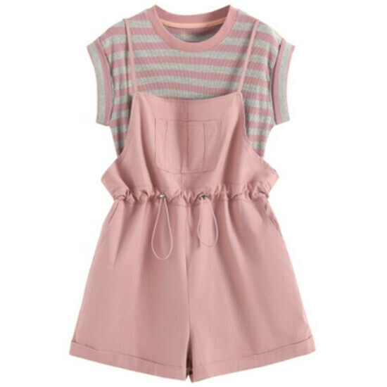 Hot selling striped short-sleeved + overalls suit [pink] [size M-2XL] (please contact customer service to confirm the delivery size after placing the order)