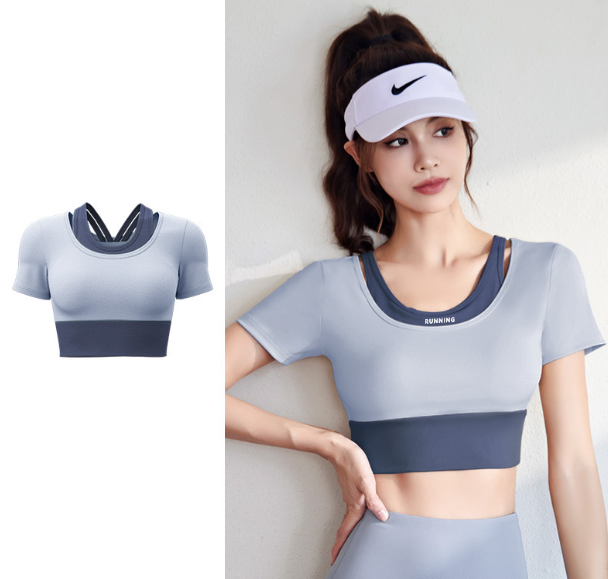 Yoga clothes color-blocked fake two pieces (gray lake blue) S-XXL contact customer service to confirm the shipping size after placing an order