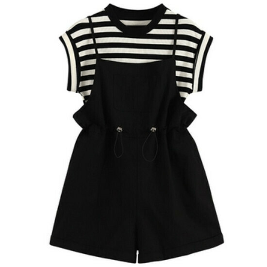 Hot selling striped short-sleeved + overalls suit [black] [M-2XL size] (please contact customer service to confirm the delivery size after placing the order)