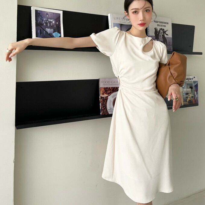 Hot Selling Hollow Puff Sleeve Dress (Apricot) (S-L Size) (Contact customer service after placing order to confirm delivery size)