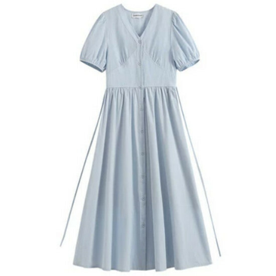 Hot selling waist V-neck dress [blue] [S-2XL size] (please contact customer service to confirm the delivery size after placing the order)