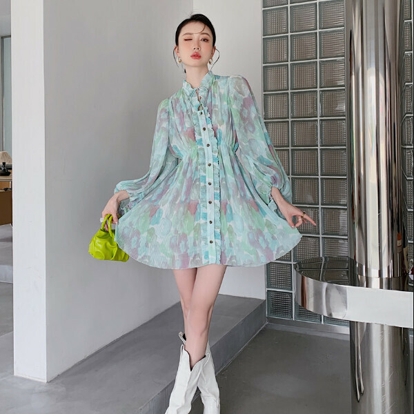 Hot selling ruffle floral puff sleeve dress (light green) (S-L size) (contact customer service after placing the order to confirm the delivery size)