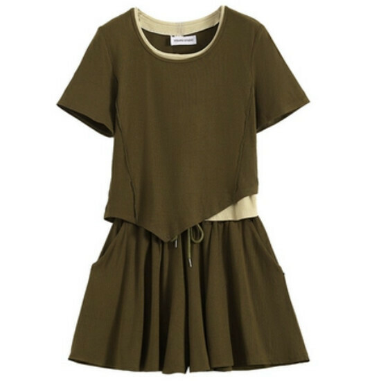 Hot selling fake two-piece t-shirt + shorts set [Dark Khaki] [M-4XL size] (please contact customer service to confirm the delivery size after placing the order)