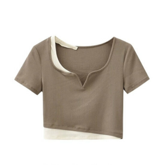 Hot selling fake two-piece short-sleeved T-shirt [khaki] [S-XL size] (please contact customer service to confirm the delivery size after placing the order)