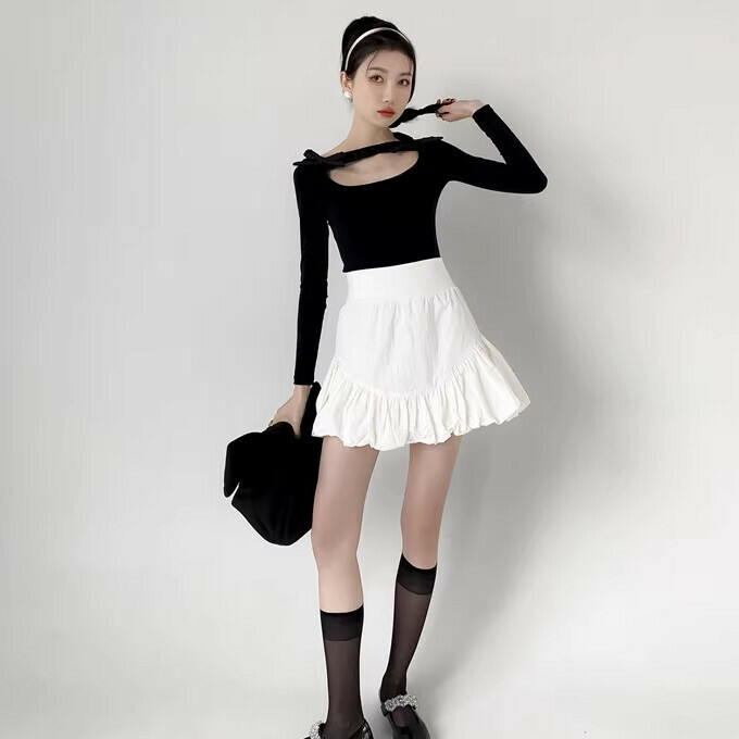 Hot selling spliced ​​bubble bud skirt (white) (S-L size) (contact customer service after placing the order to confirm the delivery size)