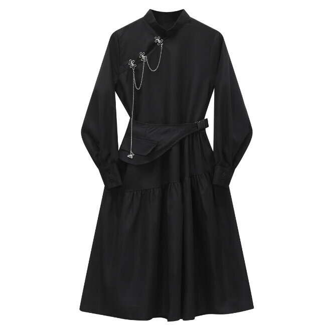 Hot selling slanted chain long-sleeved midi skirt (black) (size S-L) (contact customer service after placing the order to confirm the delivery size)