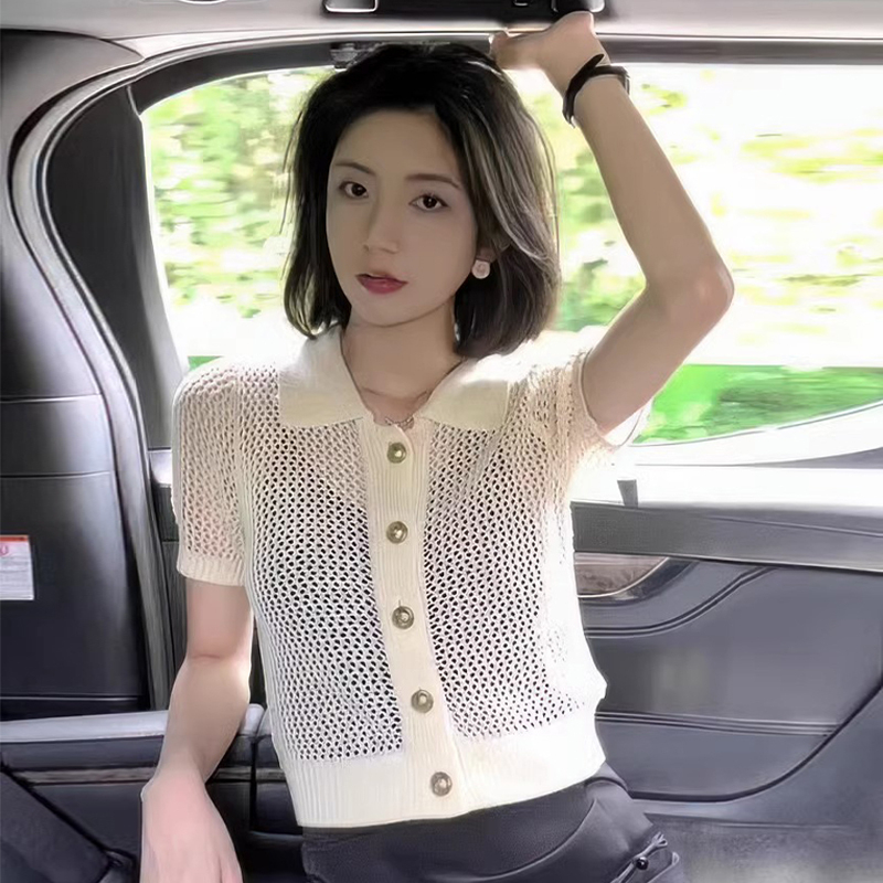 Hot selling hollow short-sleeved T-shirt (Apricot size S-XL) (please contact customer service to confirm the delivery size after placing the order)