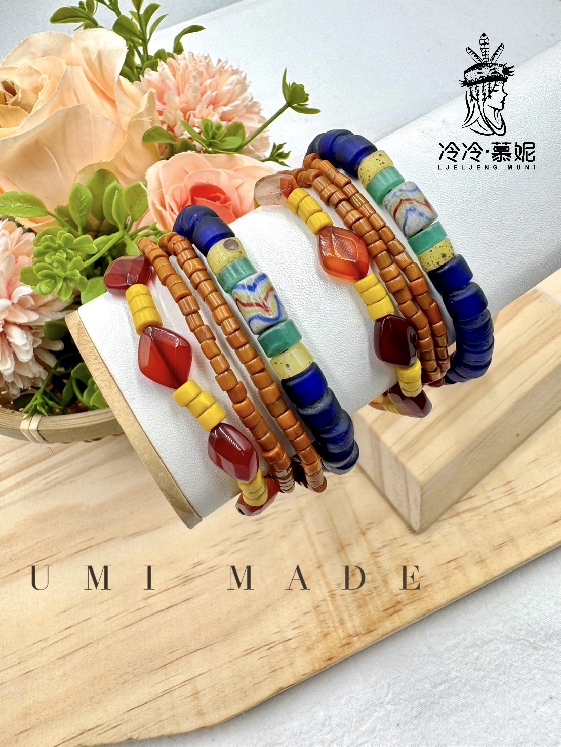 W-No.66貿易老珠瑪瑙四條條式手鍊15cm