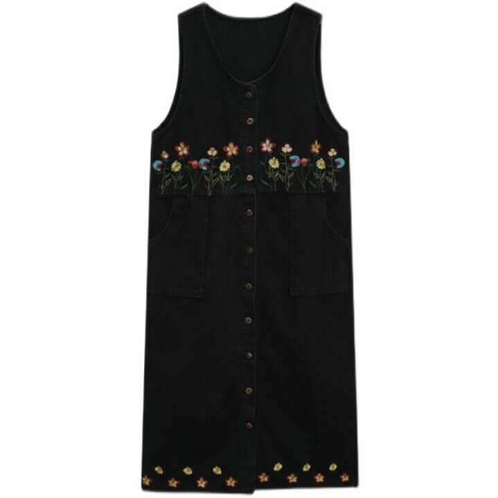 Hot selling mid-length loose denim suspender skirt (black) (S-3XL size) (contact customer service after placing the order to confirm the delivery size)