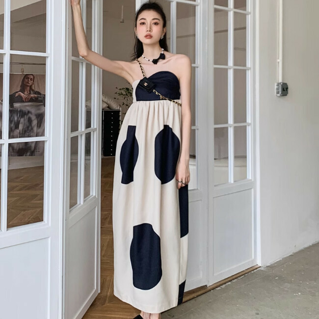 Hot-selling polka-dot mid-length dress with chest wrap (picture color) (S-L size) (contact customer service after placing the order to confirm the delivery size)