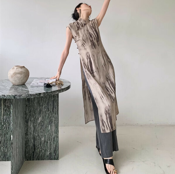Hot selling printed cheongsam skirt (picture color) (S-L size) (contact customer service after placing the order to confirm the delivery size)