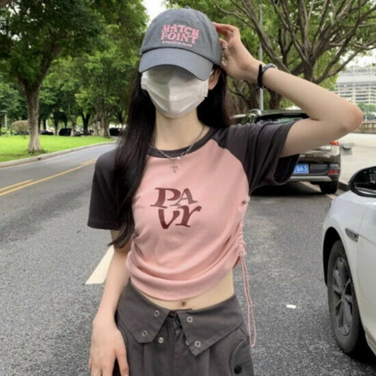 熱賣抽繩插肩短袖T恤【粉色】【S-L碼】（下單後請聯絡客服確認發貨尺碼）
