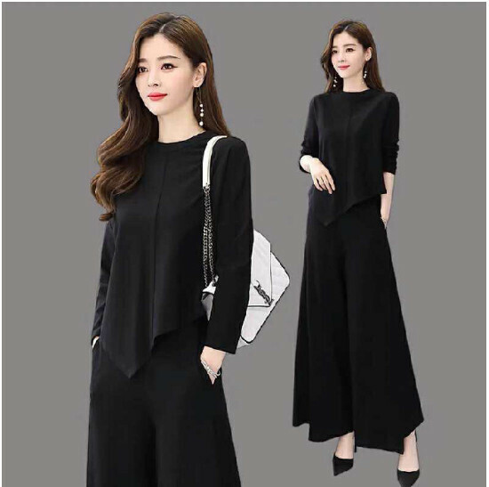 Two-piece set of culottes with a casual temperament [black] (size: M-3XL) (contact customer service to confirm the shipping size after placing an order)