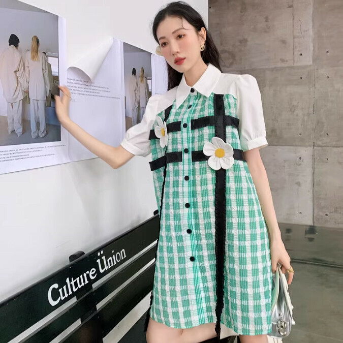 Hot selling puff sleeve plaid dress (green) (S/M size) (contact customer service after placing order to confirm delivery size)