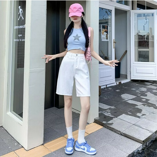 熱賣高腰牛仔五分短褲【白色】【XS-2XL碼】（下單後請聯絡客服確認發貨尺碼）