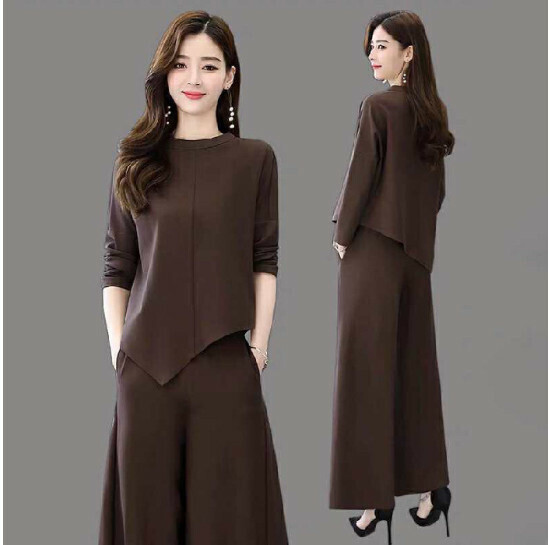 Two-piece set of culottes with a casual temperament [Coffee] (Size: M-3XL) (Contact customer service to confirm the shipping size after placing an order)