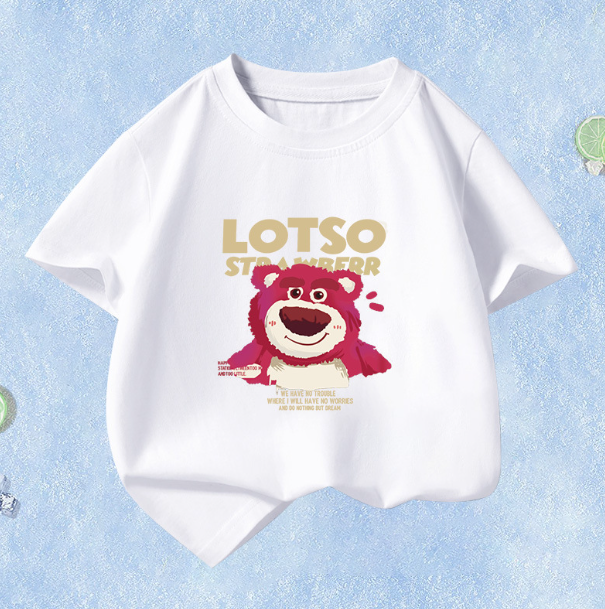 Summer Children's Short Sleeve (White-Strawberry Bear) Size 110CM-160CM After placing an order, contact customer service to confirm the shipping size