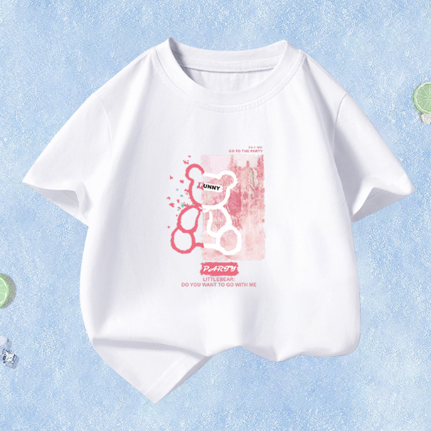 Summer Children's Short Sleeve (White-Pink Bear) Size 110CM-160CM After placing an order, contact customer service to confirm the shipping size