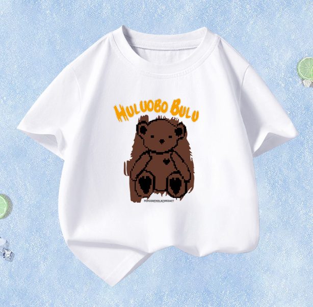 Summer Children's Short Sleeve (White-Fluid Bear) Size 110CM-160CM Contact customer service to confirm the shipping size after placing an order