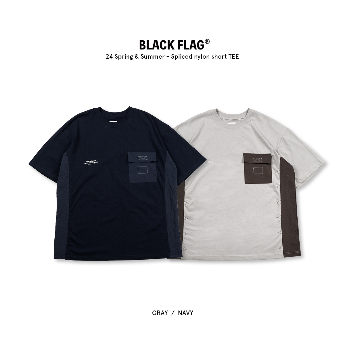 BLACK FLAG 黑旗 Nylon splicing Tee 尼龍拼接口袋短T【JBF24T004】