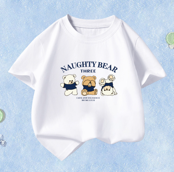 Summer Children's Short Sleeve (White-Three Little Bears) Size 110CM-160CM Contact customer service to confirm the shipping size after placing an order