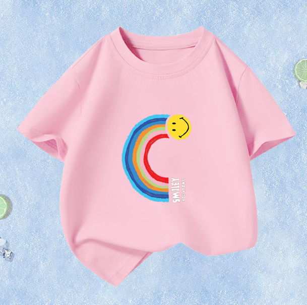Summer Children's Short Sleeve (Pink-Rainbow Smiley) Size 110CM-160CM After placing an order, contact customer service to confirm the shipping size