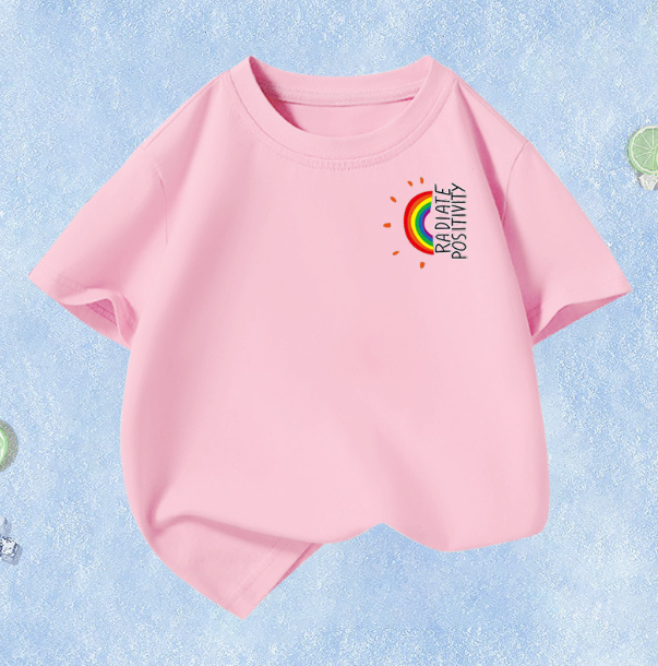 Summer Children's Short Sleeve (Pink-Rainbow Letters) Size 110CM-160CM Contact customer service to confirm the shipping size after placing an order