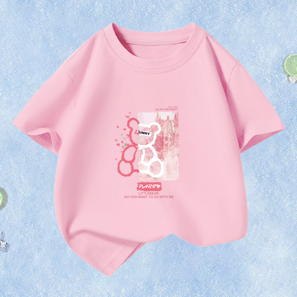 Summer Children's Short Sleeve (Pink-Pink Bear) Size 110CM-160CM Contact customer service to confirm the shipping size after placing an order