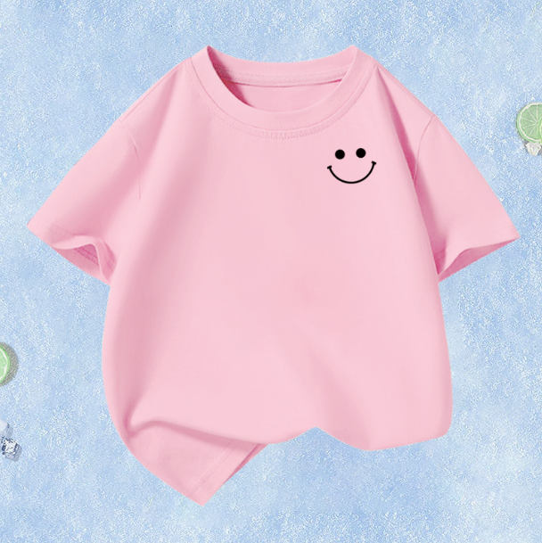 Summer Children's Short Sleeve (Pink-Smiley) Size 110CM-160CM After placing an order, contact customer service to confirm the shipping size