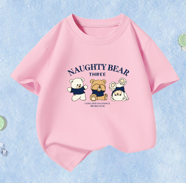 Summer Children's Short Sleeve (Pink-Three Little Bears) Size 110CM-160CM After placing an order, please contact customer service to confirm the shipping size