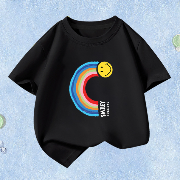 Summer Children's Short Sleeve (Black-Rainbow Smiley) Size 110CM-160CM Contact customer service to confirm the shipping size after placing an order