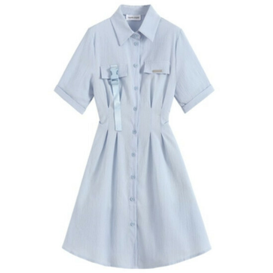 Hot selling A-line shirt dress [blue (long)] [M-4XL size] (please contact customer service to confirm the delivery size after placing the order)