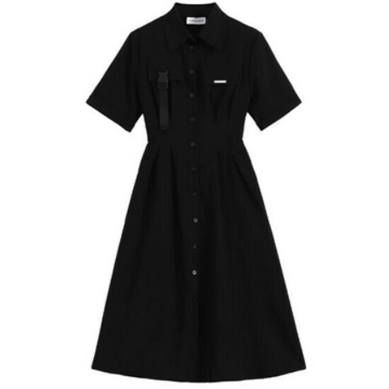 Hot selling A-line shirt dress [Black (long)] [M-4XL size] (please contact customer service to confirm the delivery size after placing the order)