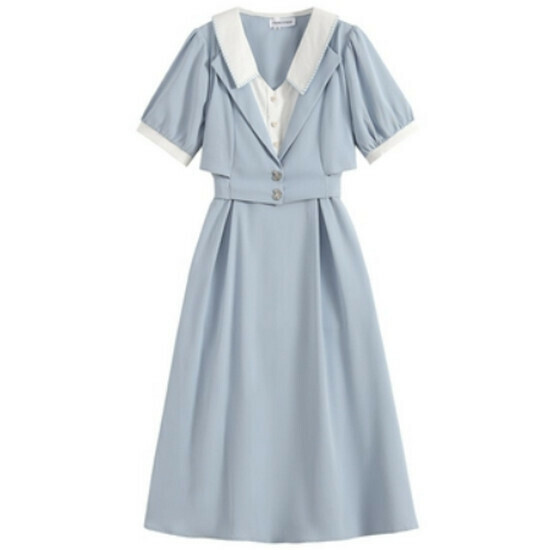 Hot selling V-neck fake two-piece dress [sky blue] [S-4XL size] (please contact customer service to confirm the delivery size after placing the order)