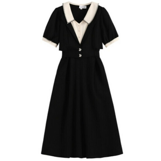 Hot selling V-neck fake two-piece dress [Black] [S-4XL size] (please contact customer service to confirm the delivery size after placing the order)
