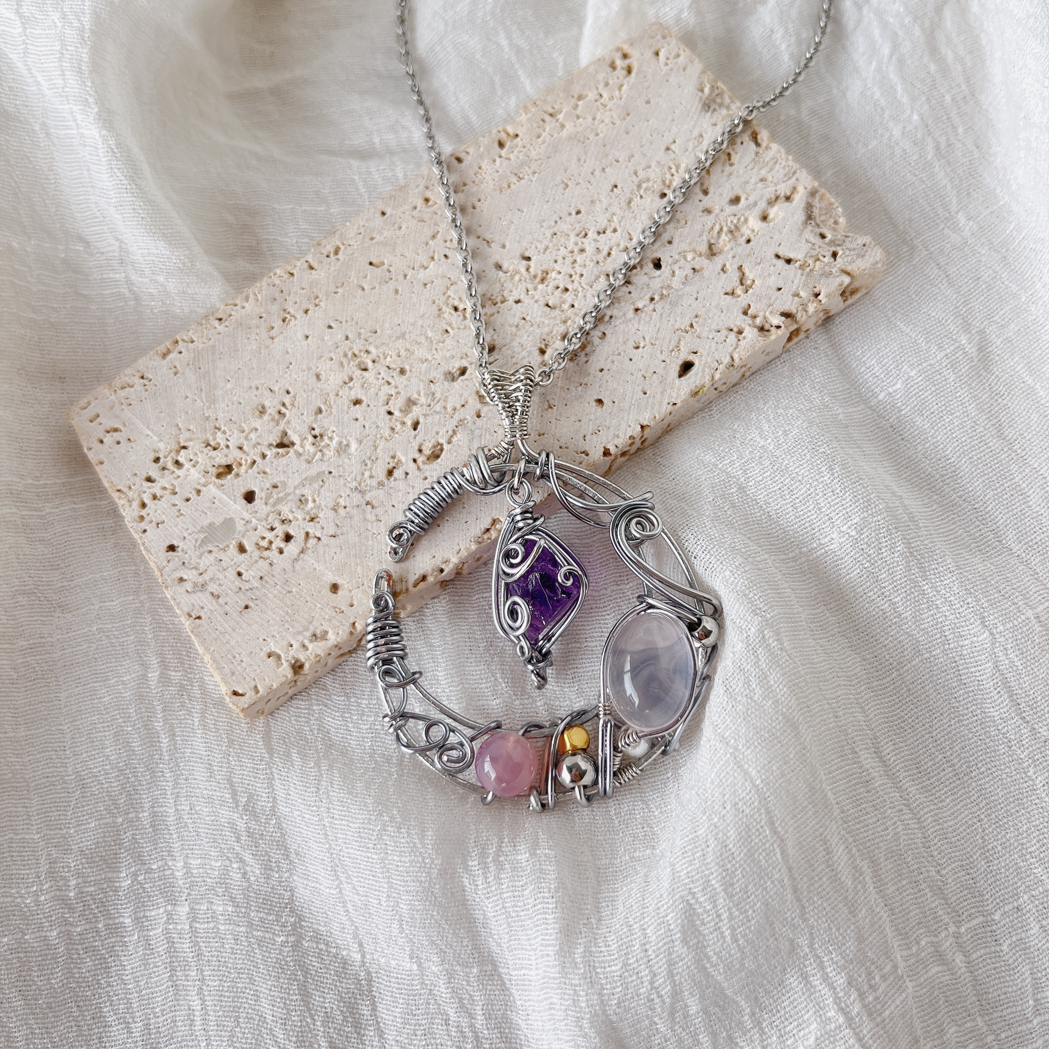 堤月．星光粉晶與紫水晶