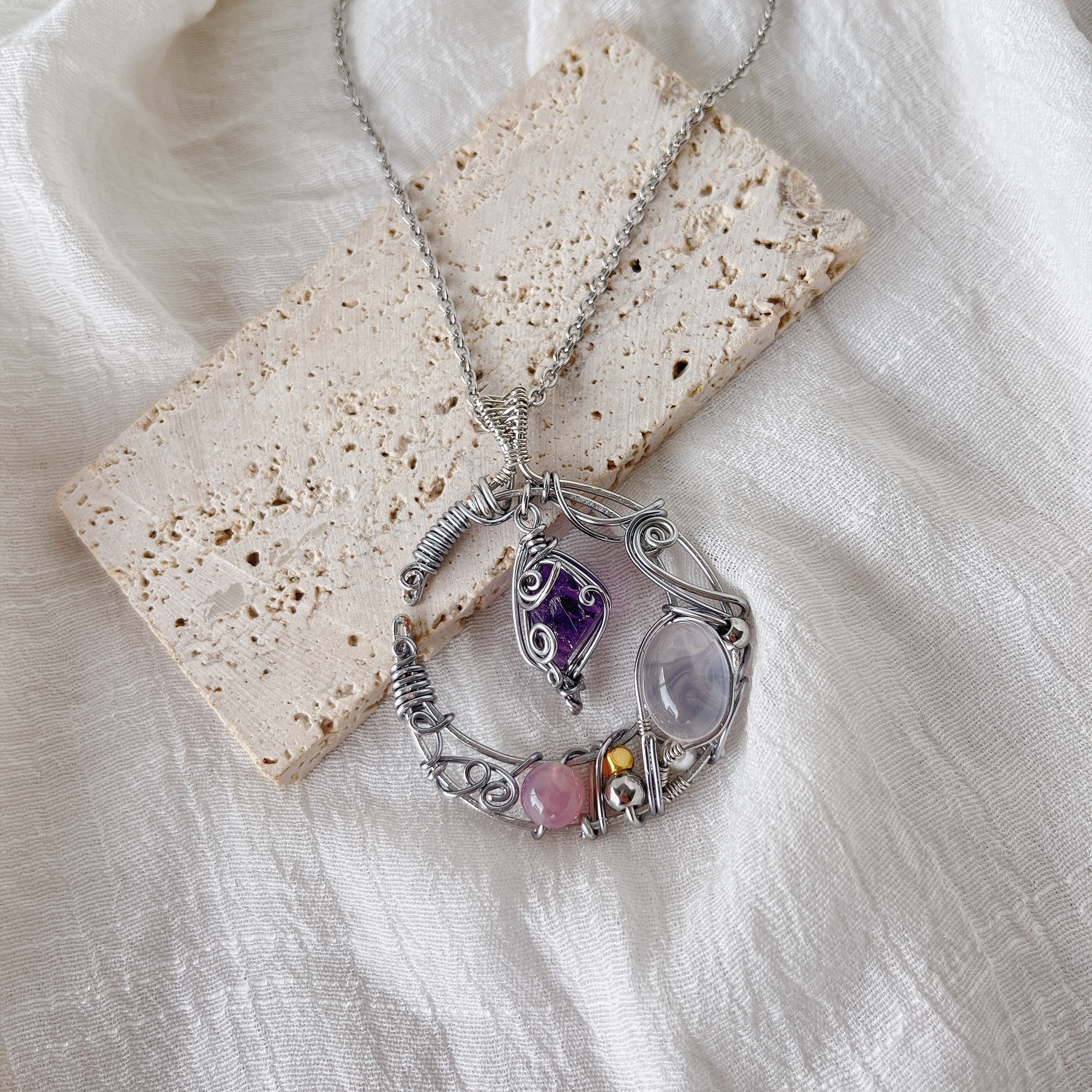 堤月．星光粉晶與紫水晶