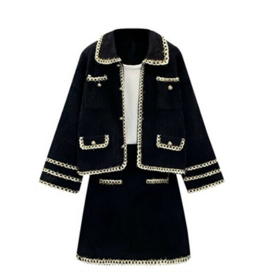 Hot selling imitation mink jacket + skirt suit [black] [L-4XL size] (please contact customer service to confirm the delivery size after placing the order)
