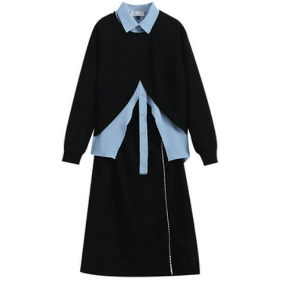 Hot selling sweatshirt + shirt + skirt suit [black with blue] [L-4XL size] (please contact customer service to confirm the delivery size after placing the order)