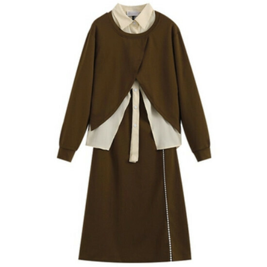 Hot selling sweatshirt + shirt + skirt suit [Coffee with apricot color] [L-4XL size] (please contact customer service to confirm the delivery size after placing the order)