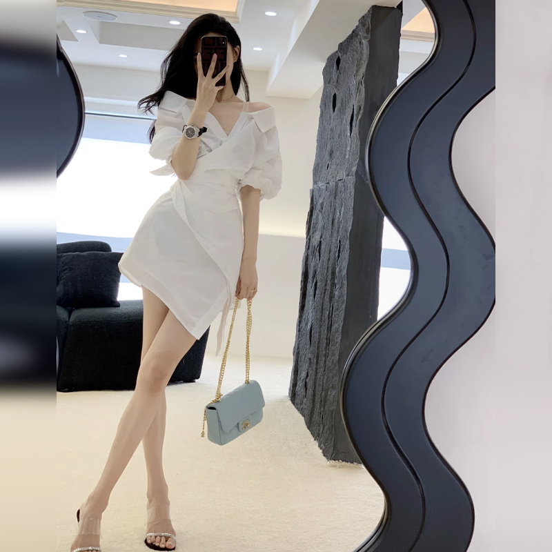 熱賣露肩襯衫連衣裙（圖片色 S碼-XXL碼）（下單後請聯絡客服確認發貨尺碼）