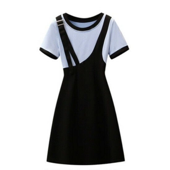 Hot selling fake two-piece spliced ​​dress [blue] [L-4XL size] (please contact customer service to confirm the delivery size after placing the order)