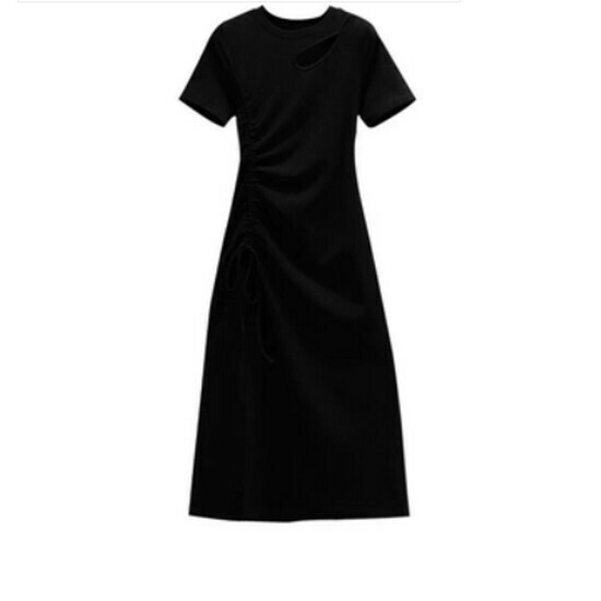 Hot selling hollow drawstring dress [black] [L-4XL size] (please contact customer service to confirm the delivery size after placing the order)