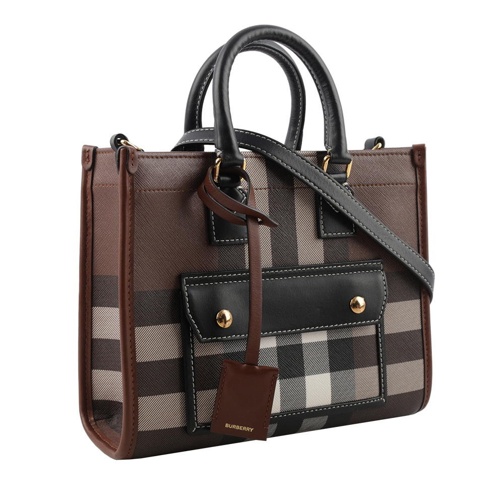 【BURBERRY】Freya 格紋帆布拼皮革迷你二用托特包