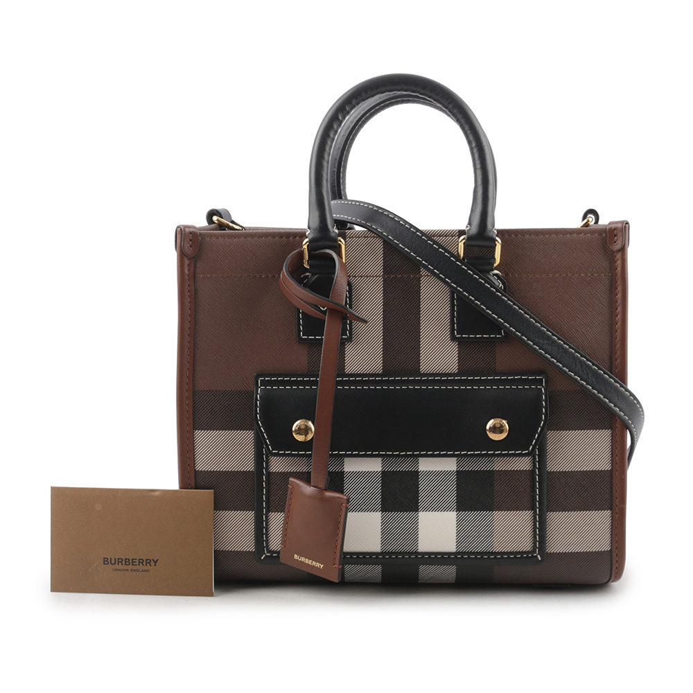 【BURBERRY】Freya 格紋帆布拼皮革迷你二用托特包(暗樺木棕色) 8054309